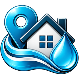 House, location pin, and water droplet icon representing local water treatment service