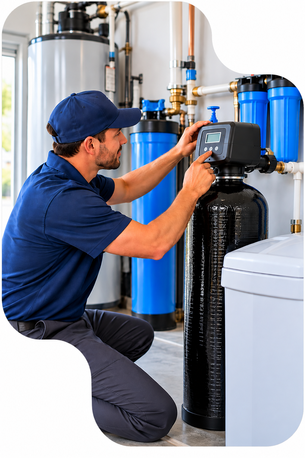 Certified Water & Filtration Systems – Water Treatment Technician Professional water filtration technician servicing a residential water treatment system
