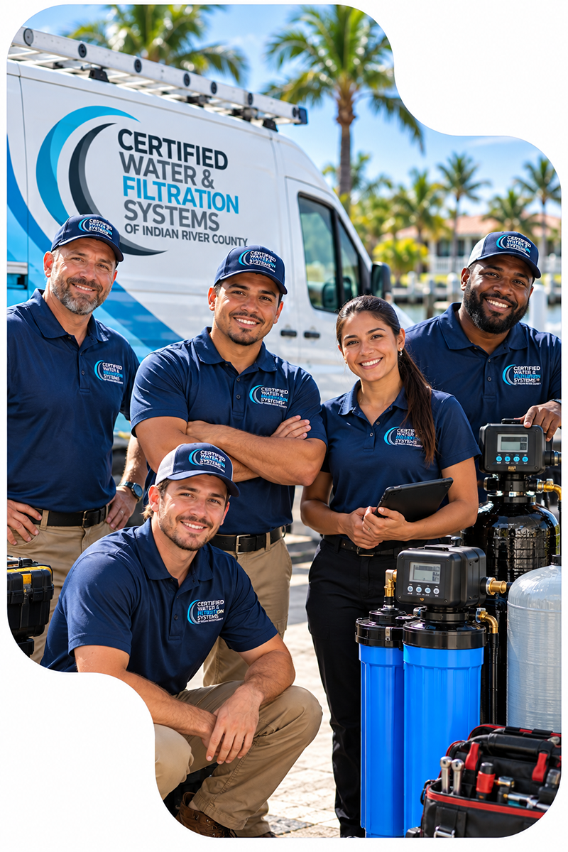 Diverse water treatment team in navy uniforms standing beside a branded service van and filtration equipment in Florida