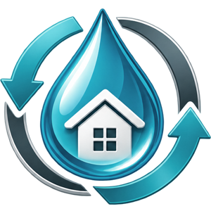 Water drop with house and circular arrows representing clean water benefits