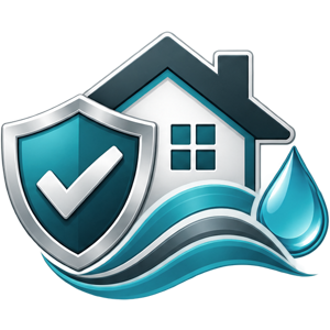 Shield, house and water drop icon representing complete water treatment