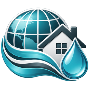 Globe, home and water drop icon representing water treatment solutions