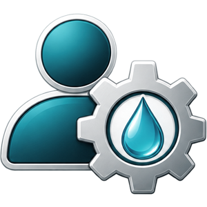Person and gear with water drop icon representing customized water solutions
