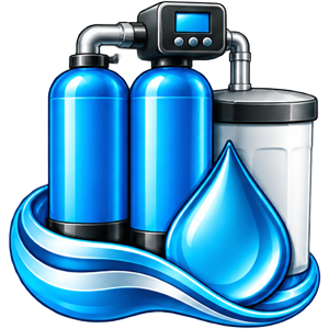 Water softener system icon with tanks and water droplet